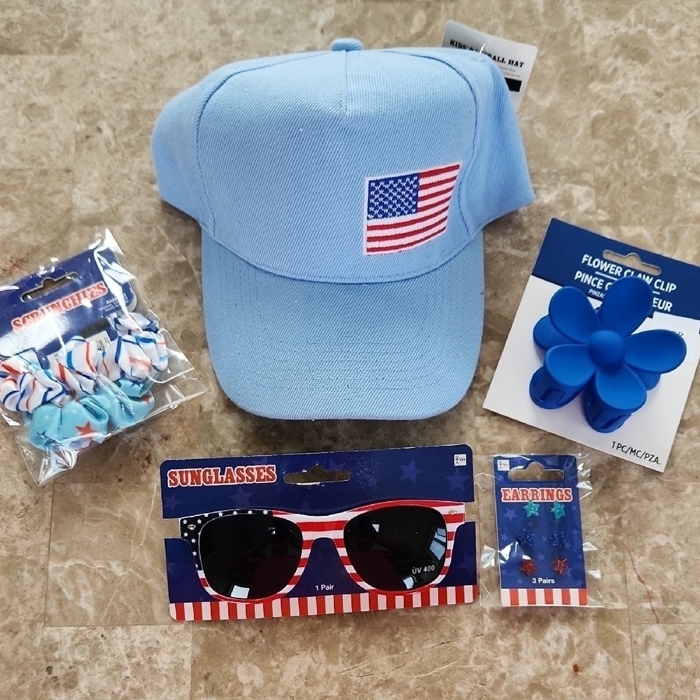 Kids Blue Cap with American Flag, Scrunchies, Clop, Sunglasses, Earrings, New